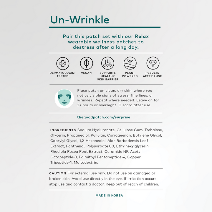 Infographic of Unwrinkle Patch, vegan microdart patch for wrinkles, dermatologist tested, made in Korea. Sizes: S/M/L.
