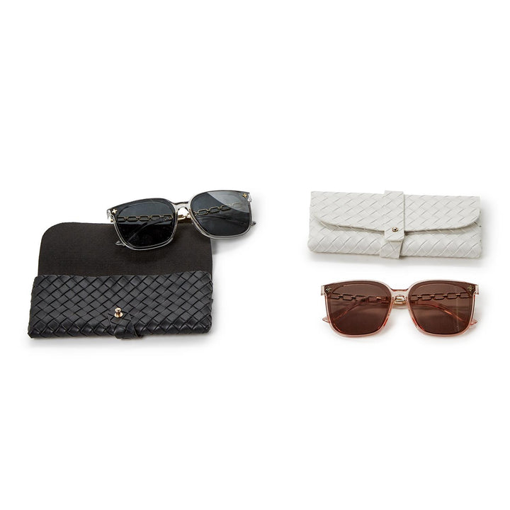 Two Chain Link Sunglasses, smoke or brown lenses, each in matching woven case. 100% UV protection. Sizes: S, M, L.