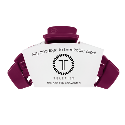 Classic Mulberry Large Claw Clip by TELETIES in packaging, labeled as unbreakable and reinvented. Size: Large.