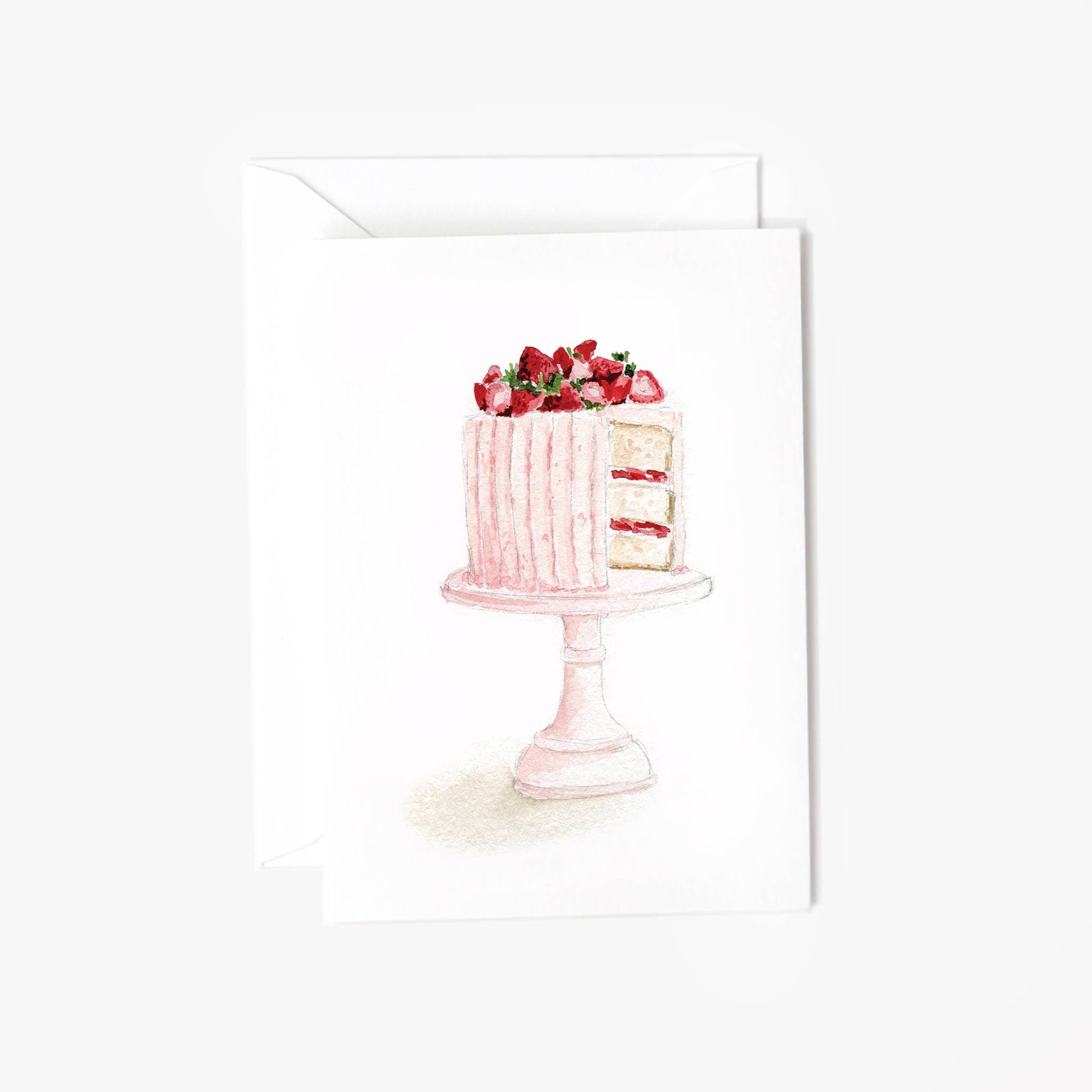 Pink Cake Mini Notecard featuring a pink frosted strawberry cake watercolor. Available in mini size.