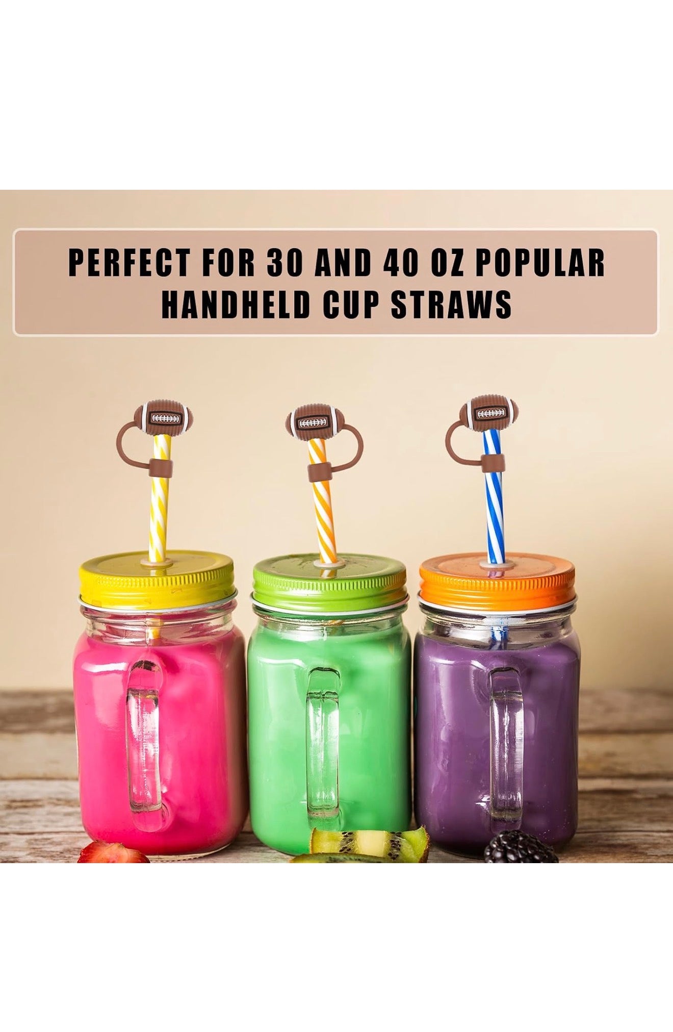 Football Straw Covers on striped straws, compatible with 30 oz and 40 oz cup straws.