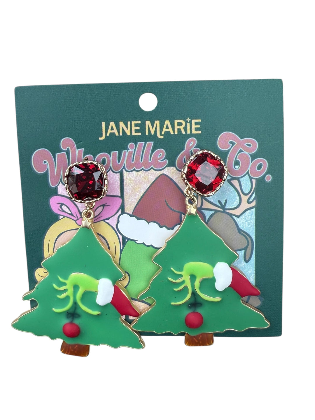 Green character Christmas earrings in red Santa hats with red faceted square stones. Sizes available.