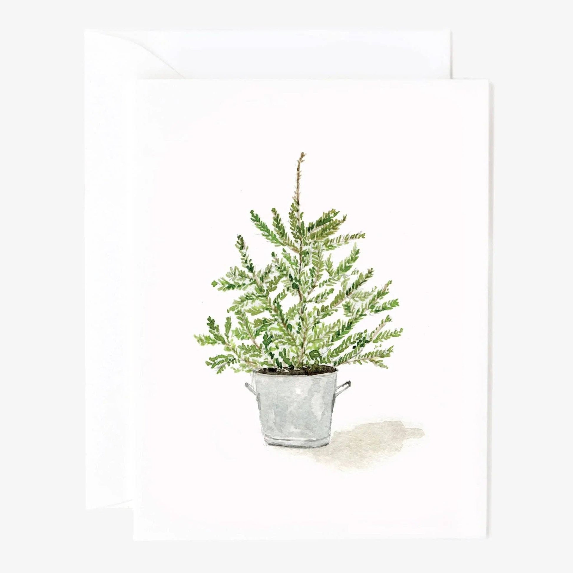 Watercolor notecard featuring a small green potted plant in a gray metal bucket. Available in assorted sizes.