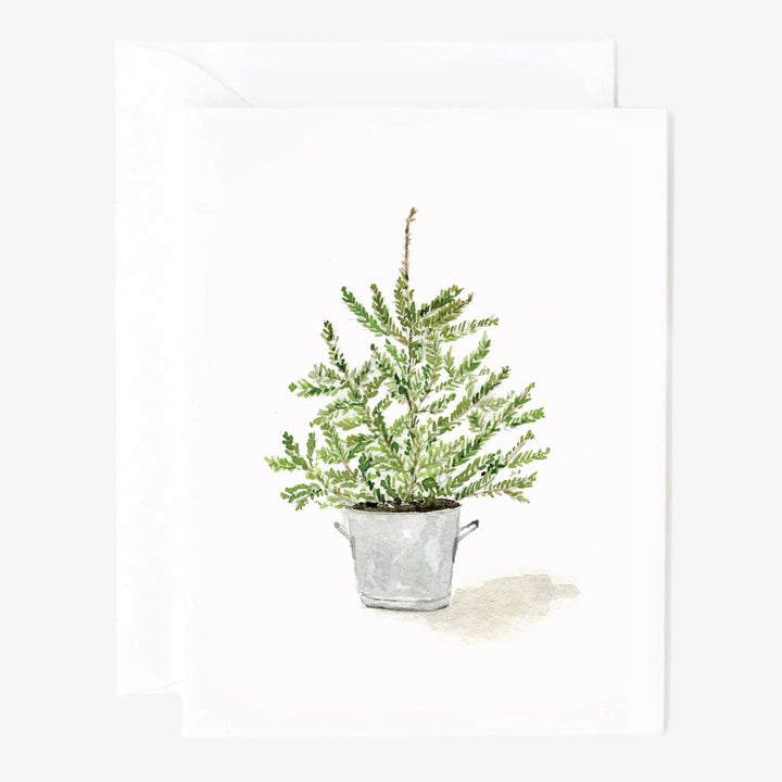Watercolor notecard featuring a small green potted plant in a gray metal bucket. Available in assorted sizes.