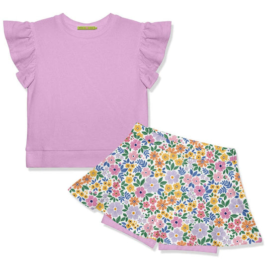 Kids Lilac Fr Terry Top & Spring Bouquet Skort in lilac, size 6. Soft jersey knit, short sleeves, floral skort. Machine washable.