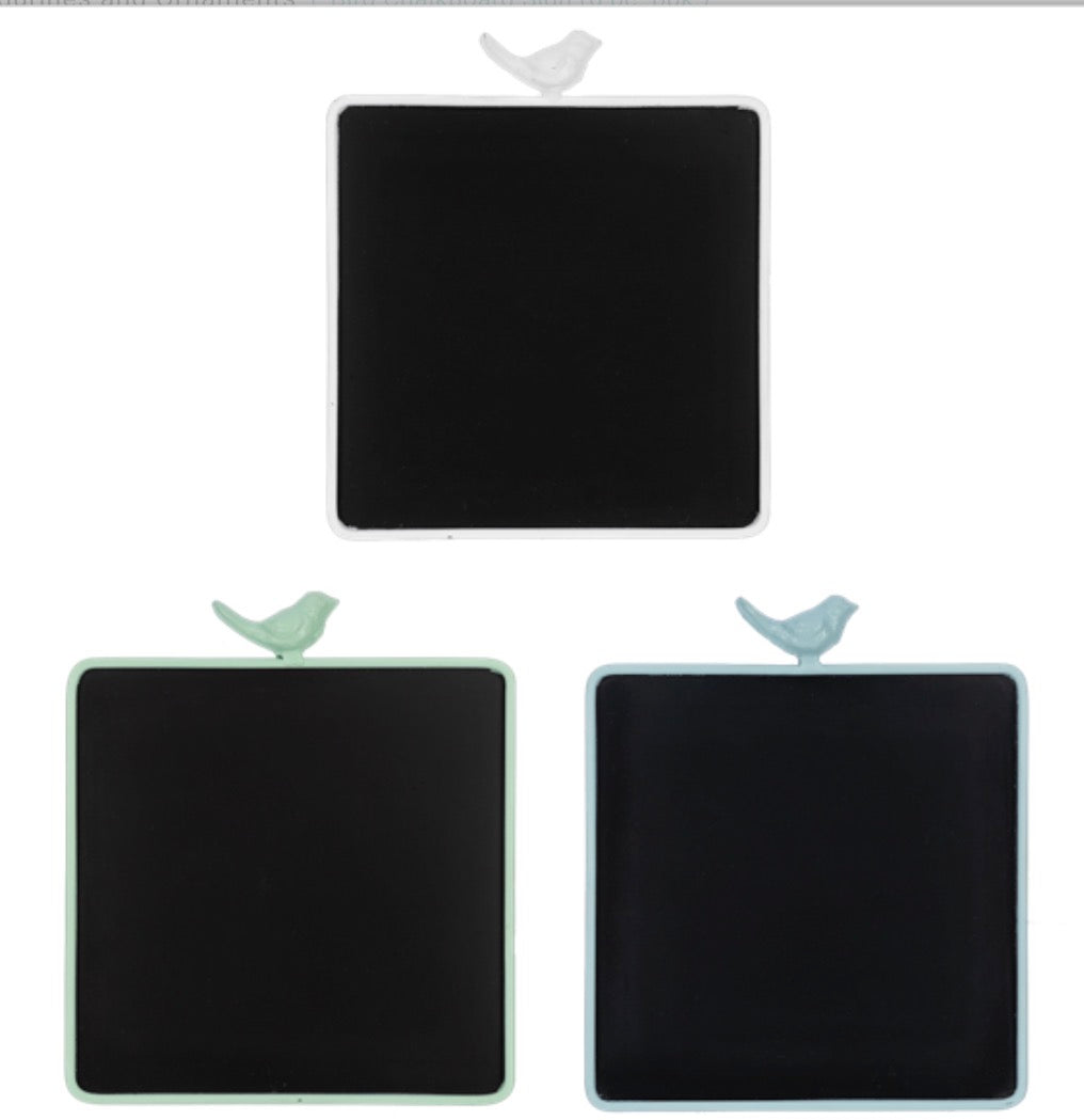 Chalkboard sign with colored border (white, green, or blue) and bird figurine. Available in small, medium, and large sizes.