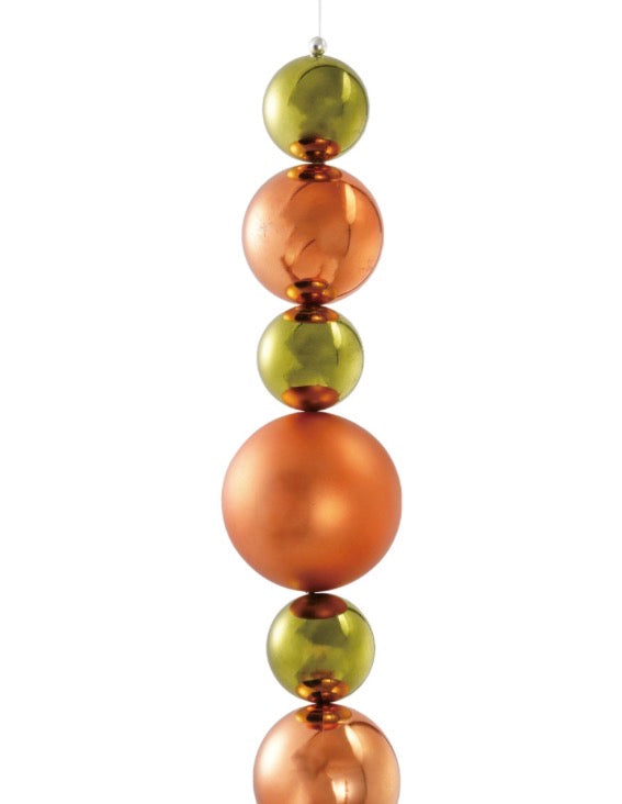 Green &amp; Orange Ball Garland: vertical strand of alternating shiny orange and green spheres, graduated in size from smallest at the top to largest in the center. Available sizes: small, medium, large.