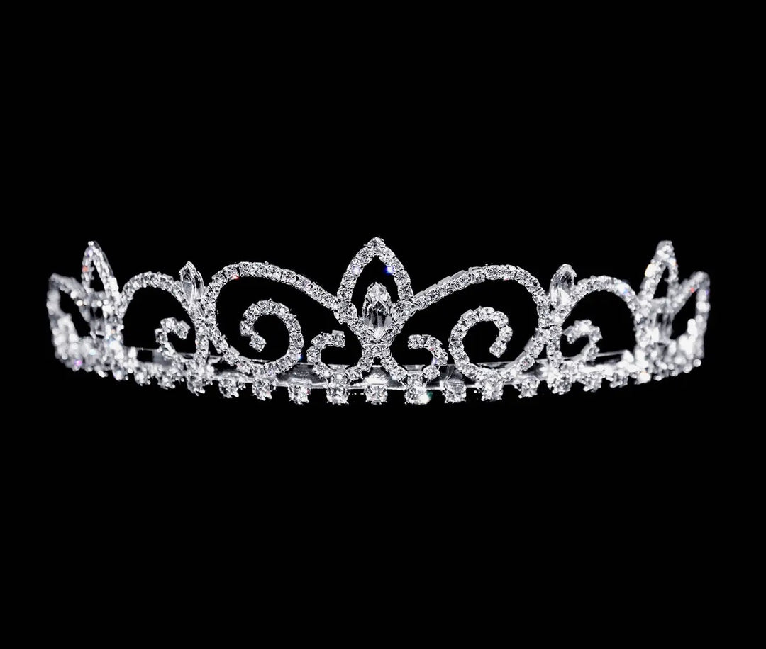 The Royal Regent Tiara with Combs in sterling silver features swirling designs and clear gemstones. Sizes: S, M, L.