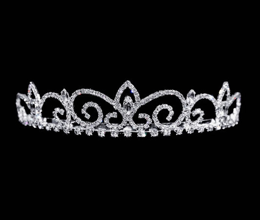 The Royal Regent Tiara with Combs in sterling silver features swirling designs and clear gemstones. Sizes: S, M, L.