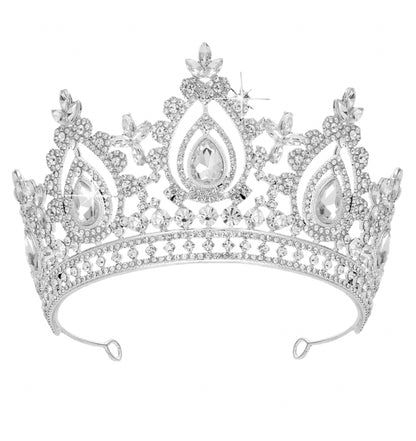 Silver tiara with teardrop and round clear crystals, ornate pattern. Available in small, medium, and large sizes.