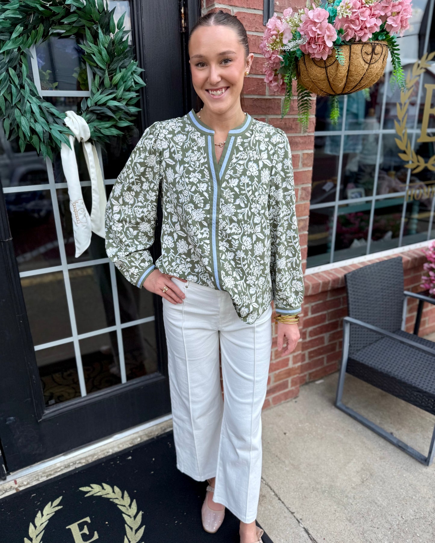 Naomi Painted Trillium Olive Top: olive green and white lightweight everyday blouse; available in sizes XS–XL.
