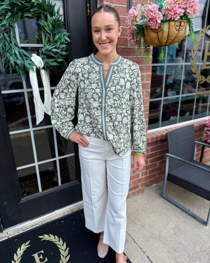 Naomi Painted Trillium Olive Top: olive green and white lightweight everyday blouse; available in sizes XS–XL.