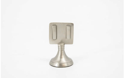 Silver metal place card holders with square tops, two vertical prongs, and round bases. Available in small and large sizes.