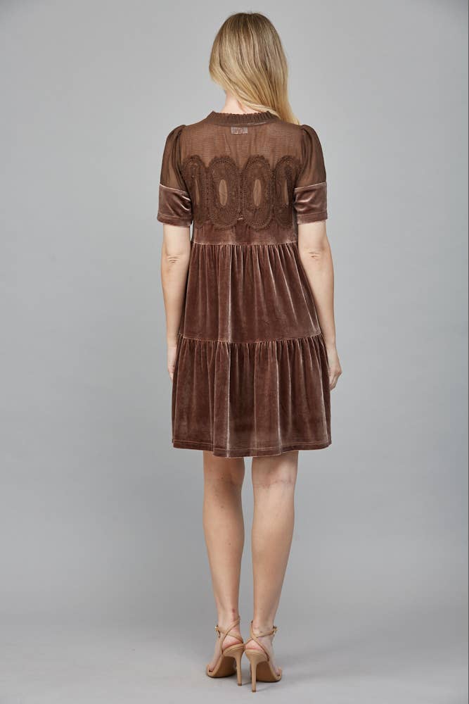 Contrast Sheer Mesh With Intricate Lace Detail Velvet Dress