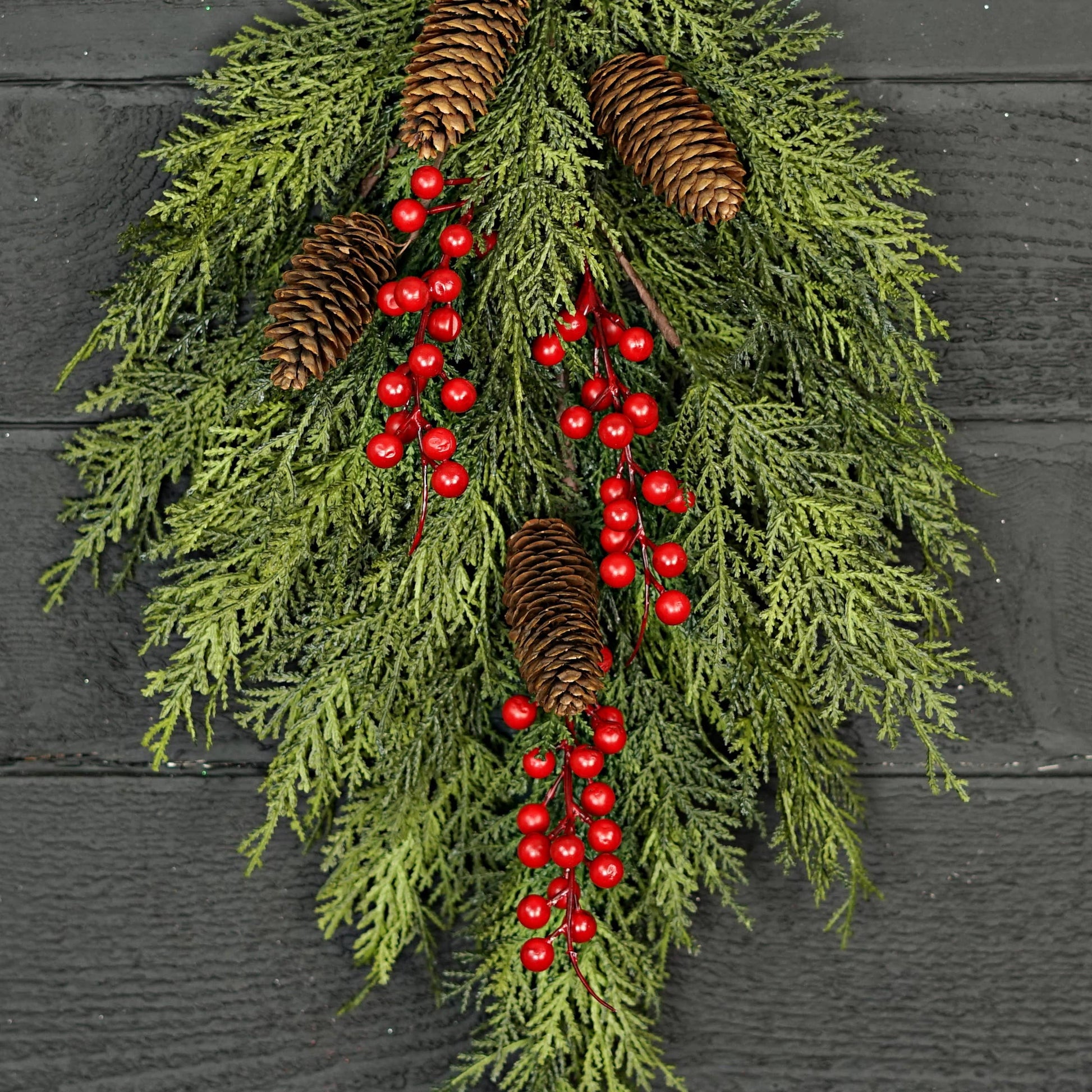 510053-26inLx16inW Teardrop-Superior Real Touch Mix Cedar features lifelike pinecones and vibrant red berries; available in 26inL x 16inW.