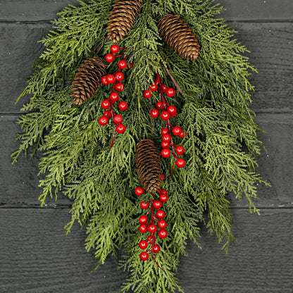 510053-26inLx16inW Teardrop-Superior Real Touch Mix Cedar features lifelike pinecones and vibrant red berries; available in 26inL x 16inW.