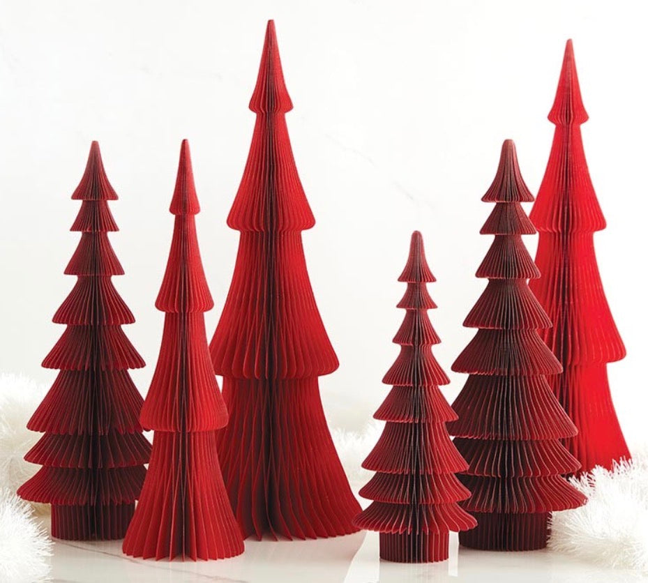 Six 18-inch red handmade honeycomb paper Christmas trees.