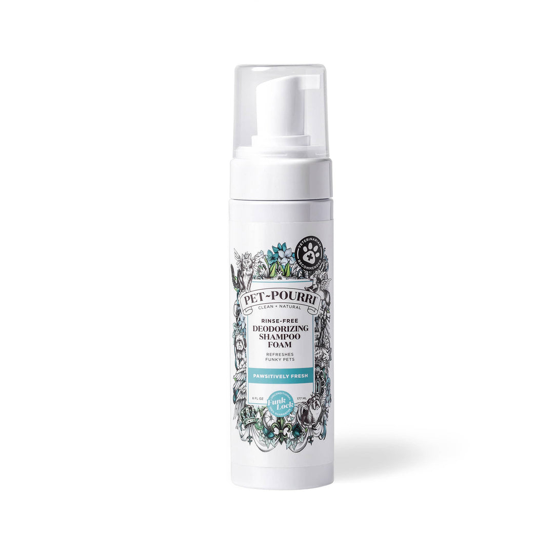 Pet~Pourri Pawsitively Fresh Rinse-Free Deodorizing Shampoo, white pump bottle, black/green/blue label; available in multiple sizes.