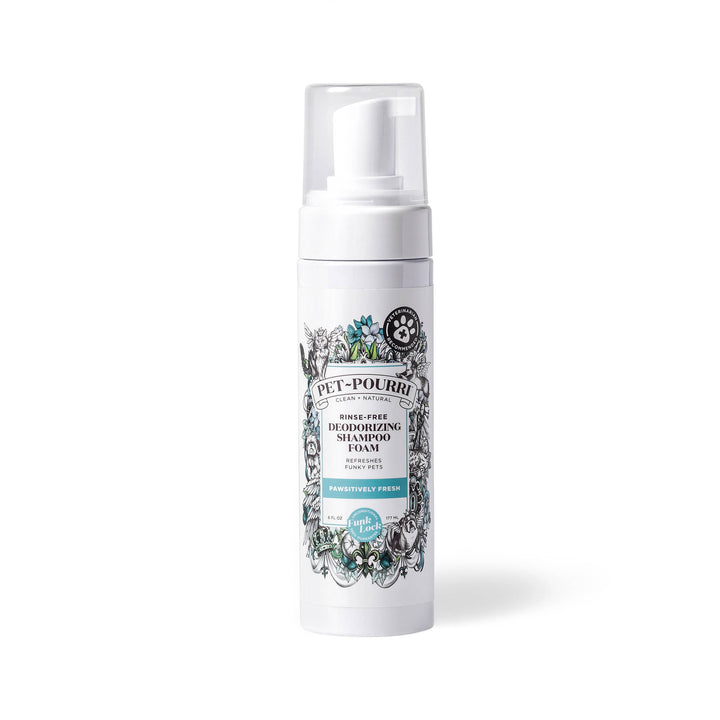 Pet~Pourri Pawsitively Fresh Rinse-Free Deodorizing Shampoo, white pump bottle, black/green/blue label; available in multiple sizes.