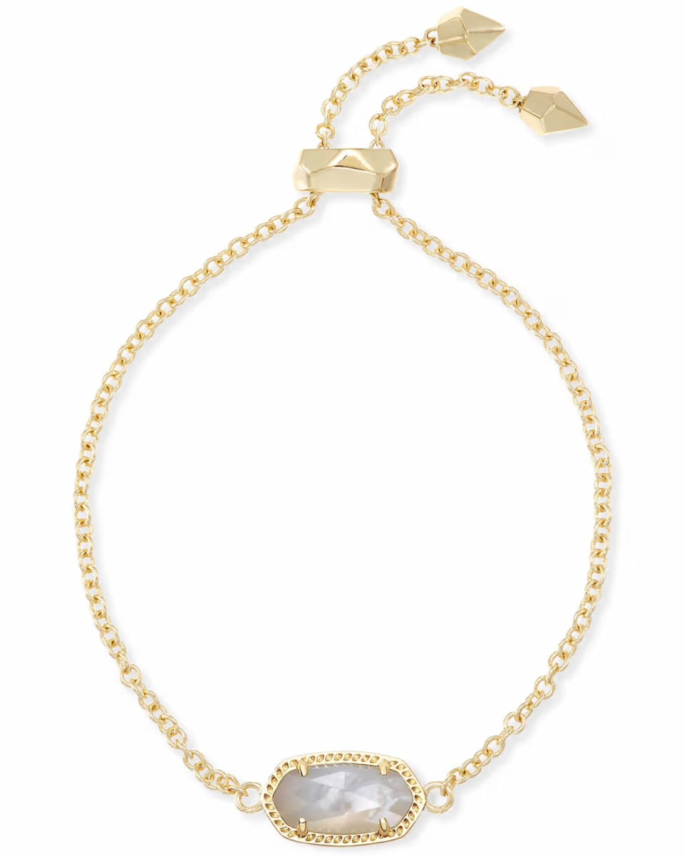 Gold chain bracelet with sliding clasp and mother-of-pearl centerpiece; adjustable length fits most wrists.