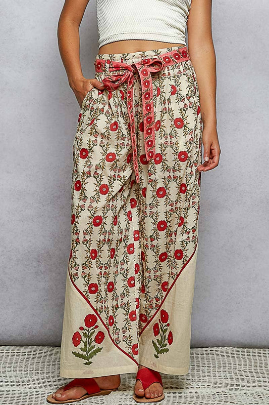 Straight Fit Waist Belt Floral Pattern Pants with red sash belt; straight fit, floral print. Sizes: XS-XL.