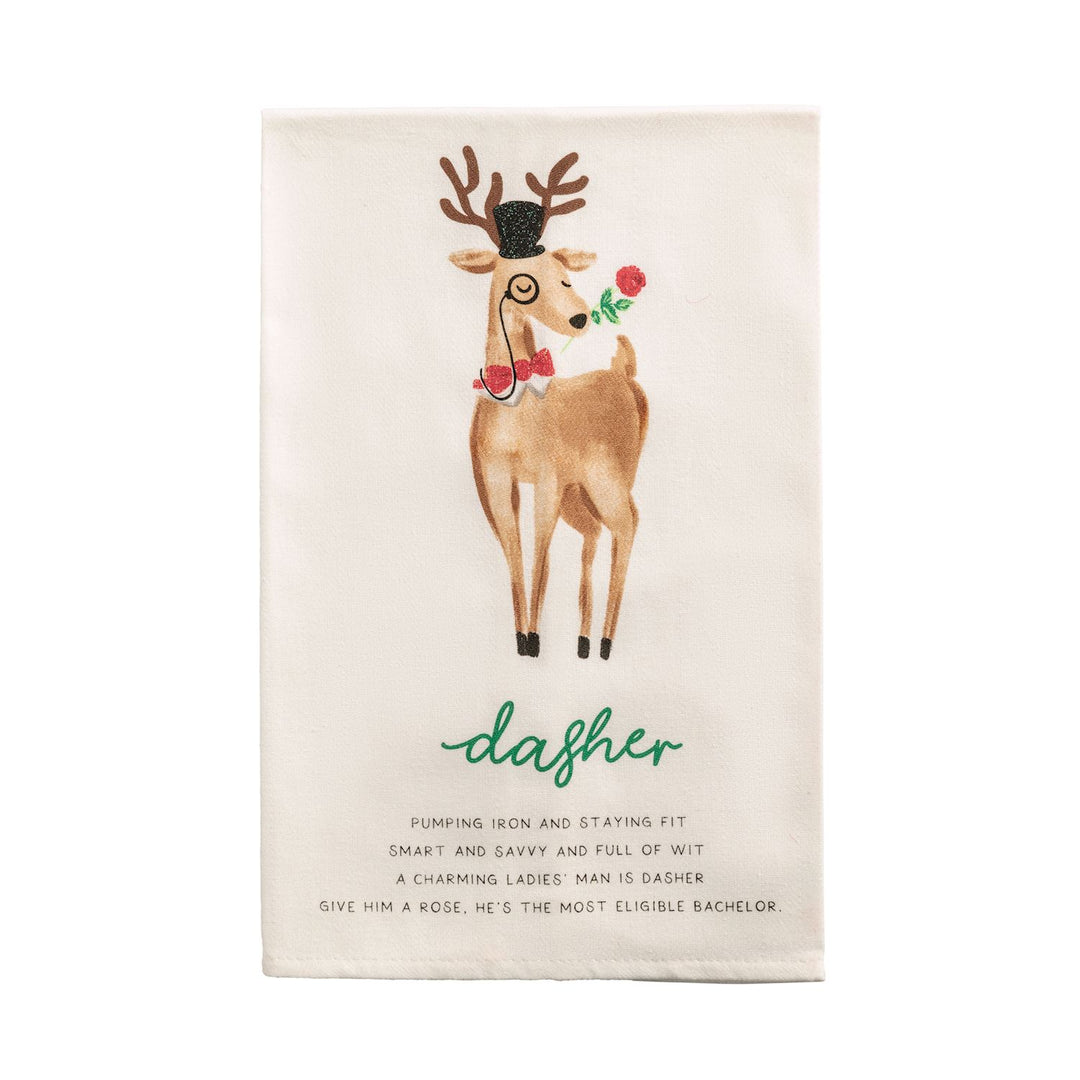 Santa’s Reindeer Poem Hand Towel featuring a reindeer with a top hat, bowtie, monocle, and rose, printed with “Dasher” and a four-line poem. Available in various sizes.