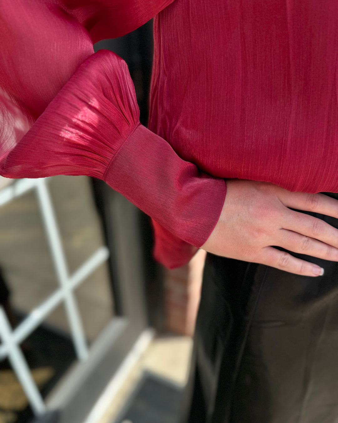 Shiny red Ruffle Neck Adjustable Tie Long Sleeve Blouse with gathered cuffs, available in sizes XS-XL.