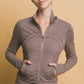 Active Long-Sleeve Zip-Up Performance Top: Fitted brown jacket with buttery soft fabric. Sizes available: XS, S, M, L, XL.