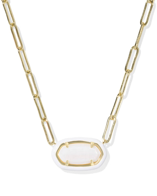 Elongated gold paperclip necklace with a horizontal translucent oval gemstone in a gold bezel. Available in 16” and 18”.