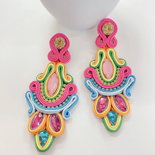 Clara Neon Earrings: Handmade, colorful beaded earrings with gems and embroidery in pink, yellow, green, blue, gold. Sizes: S/M/L.