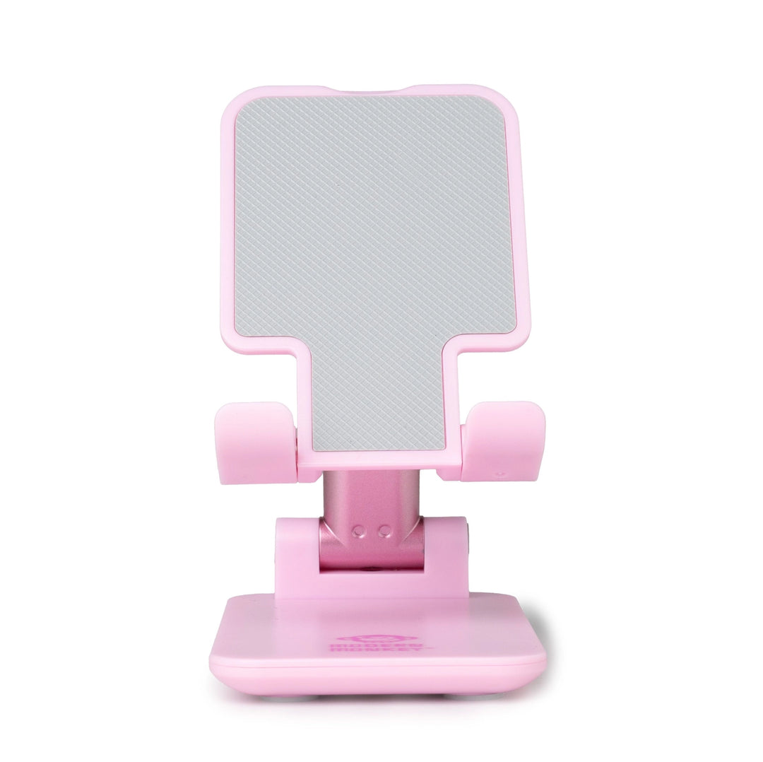 Pink, foldable phone and tablet stand with textured gray support surface. Available in small, medium, and large sizes.
