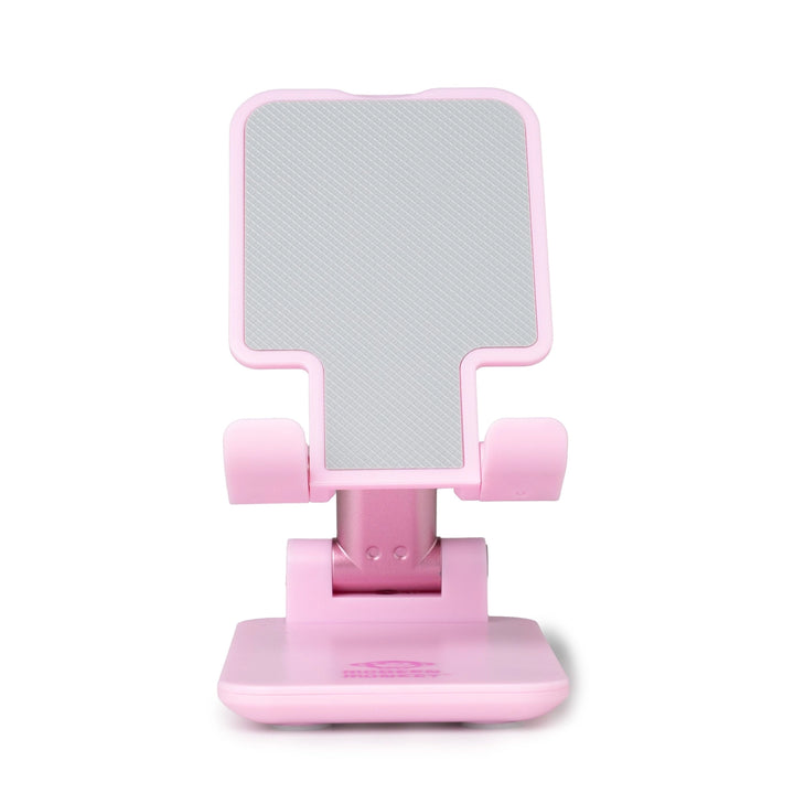 Pink, foldable phone and tablet stand with textured gray support surface. Available in small, medium, and large sizes.