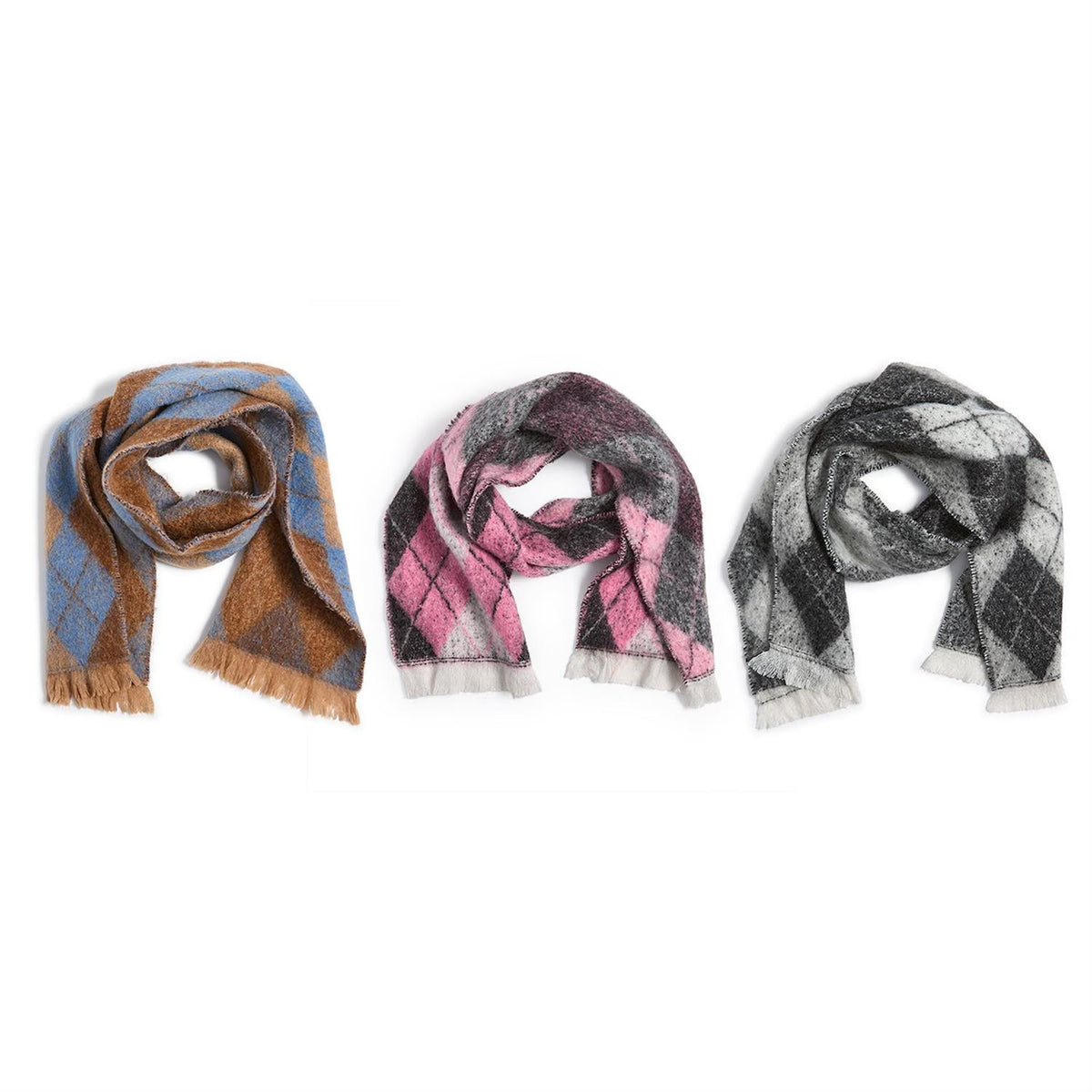 Classic Argyle Scarves in brown/blue, pink/gray, and black/white with diamond patterns and fringed ends. Available in sizes S, M, L.