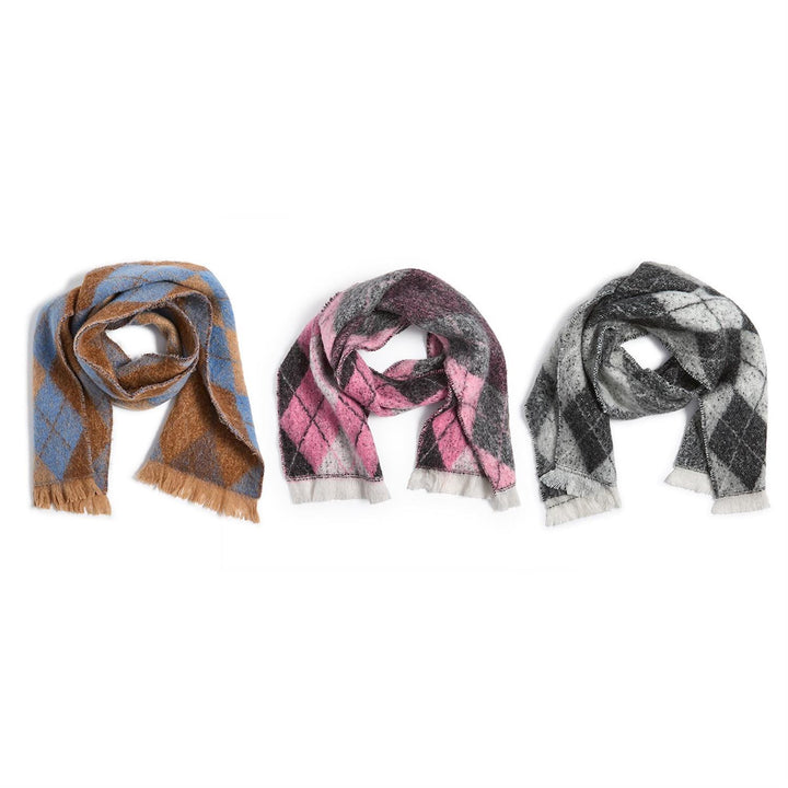 Classic Argyle Scarves in brown/blue, pink/gray, and black/white with diamond patterns and fringed ends. Available in sizes S, M, L.