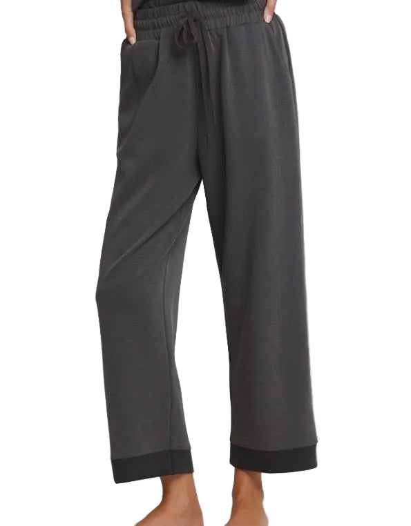 Charcoal Colorblock Straight Pants with loose fit, drawstring waist, eco-friendly CloudKnit fabric, and cuffed hems. Available in sizes XS-XL.