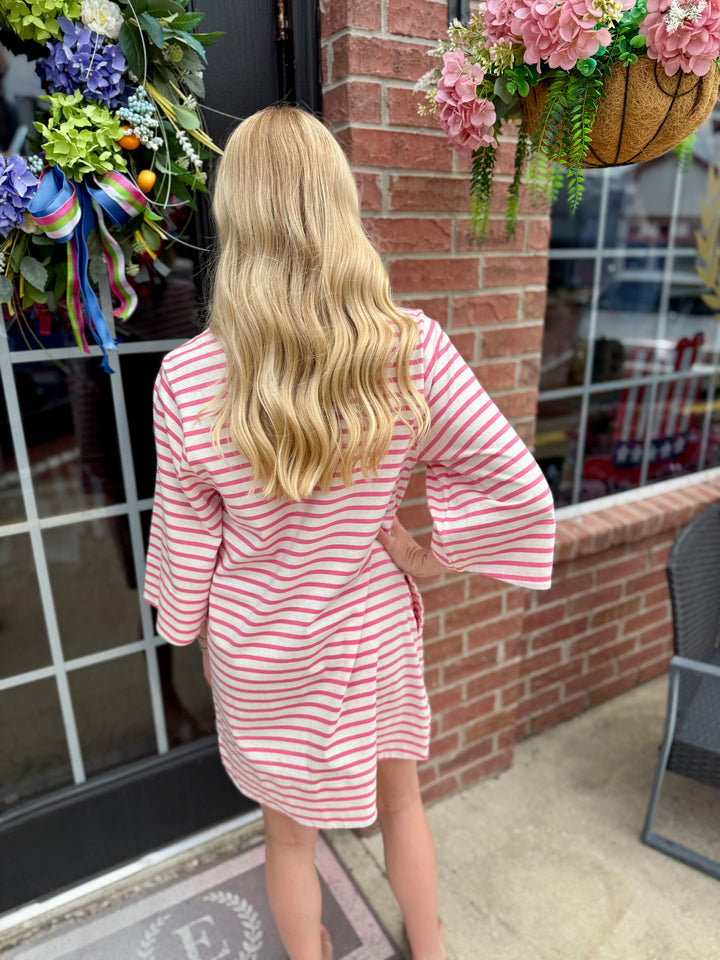 Striped Round Neck Half-Sleeve Dress, available in sizes S–XL. Features horizontal stripes and relaxed half-sleeve design.