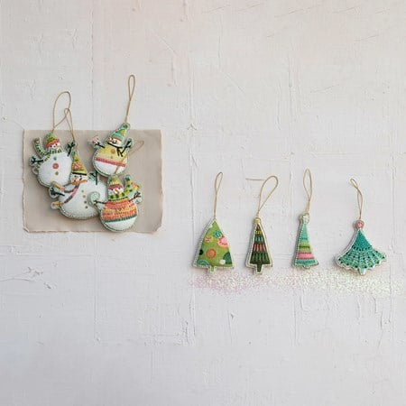 Cotton Velvet Snowman Ornament with embroidery, glass bead decorations, Christmas tree design, and hanging loops.