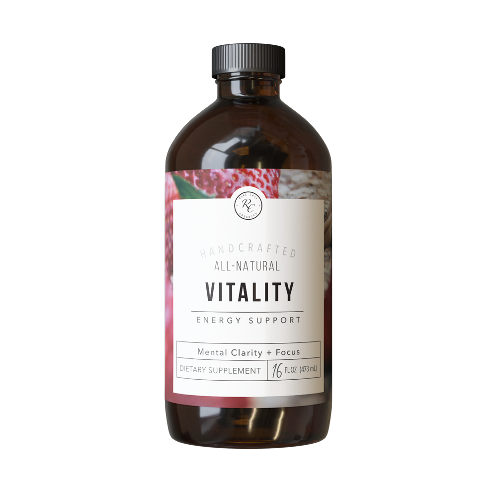 Brown glass bottle labeled “VITALITY | Energy Support | 16 oz: Decaffeinated,” an all-natural energy tonic dietary supplement for mental clarity and focus with fruit images on the label; available in 16 oz size.