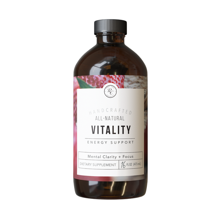 Brown glass bottle labeled “VITALITY | Energy Support | 16 oz: Decaffeinated,” an all-natural energy tonic dietary supplement for mental clarity and focus with fruit images on the label; available in 16 oz size.