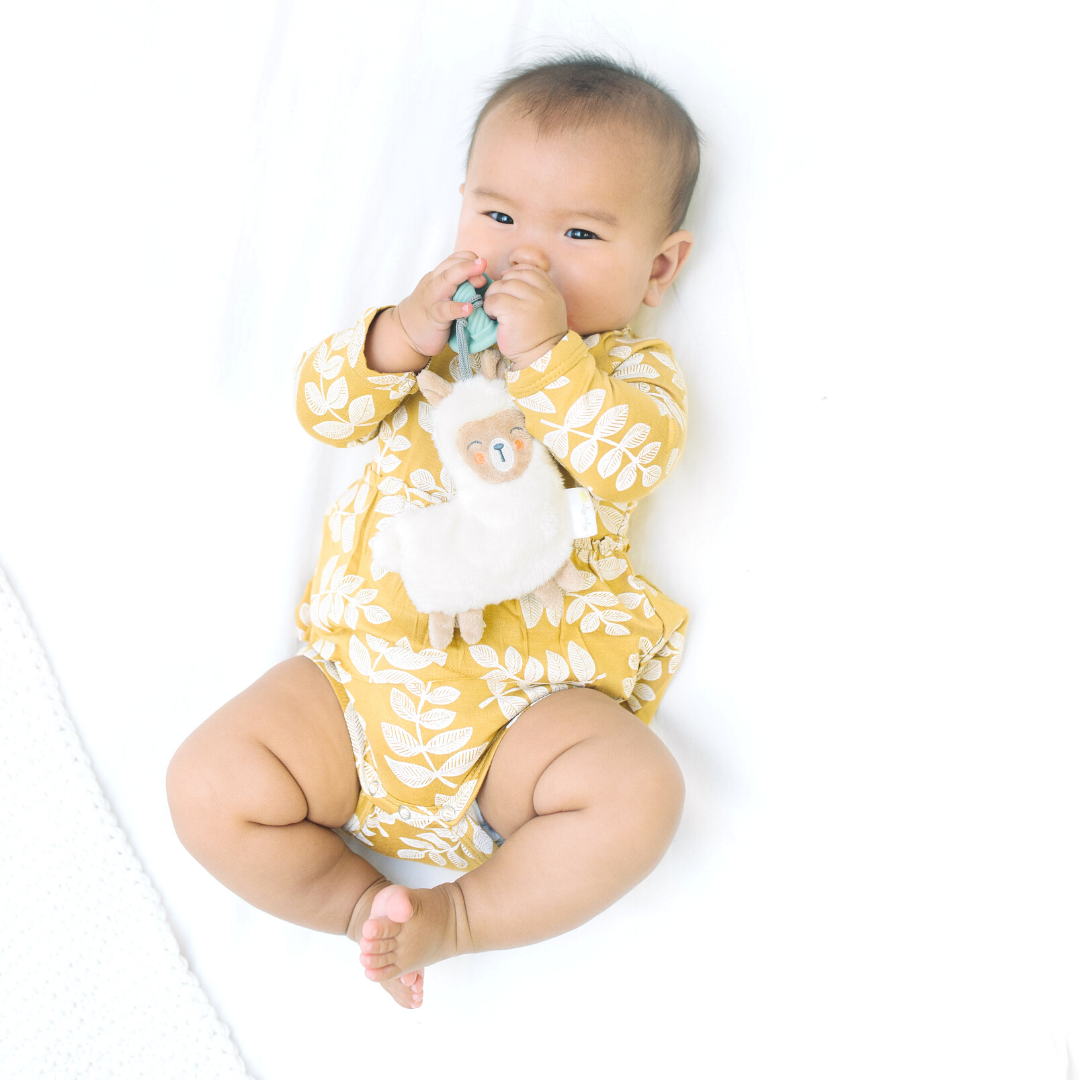 A baby in a yellow floral outfit lies on a white background, playfully biting a Sweetie Pal™ Plush & Pacifier: Dino soft toy.