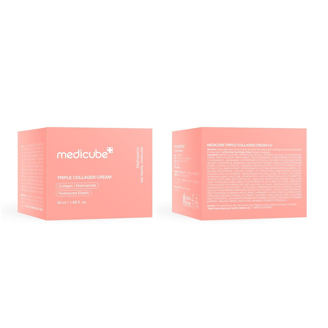 MEDICUBE Triple Collagen Cream in two pink boxes with clear branding. Available in multiple sizes.