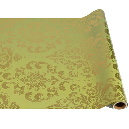 Light green damask table runner with ornate, glossy floral and swirl pattern. Available in multiple sizes.