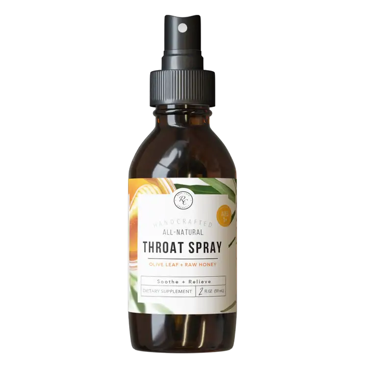 2 fl oz (59 mL) bottle of Throat Spray with black spray top, made from natural ingredients like olive leaf and raw honey, enhanced with colloidal silver for sore throat relief.