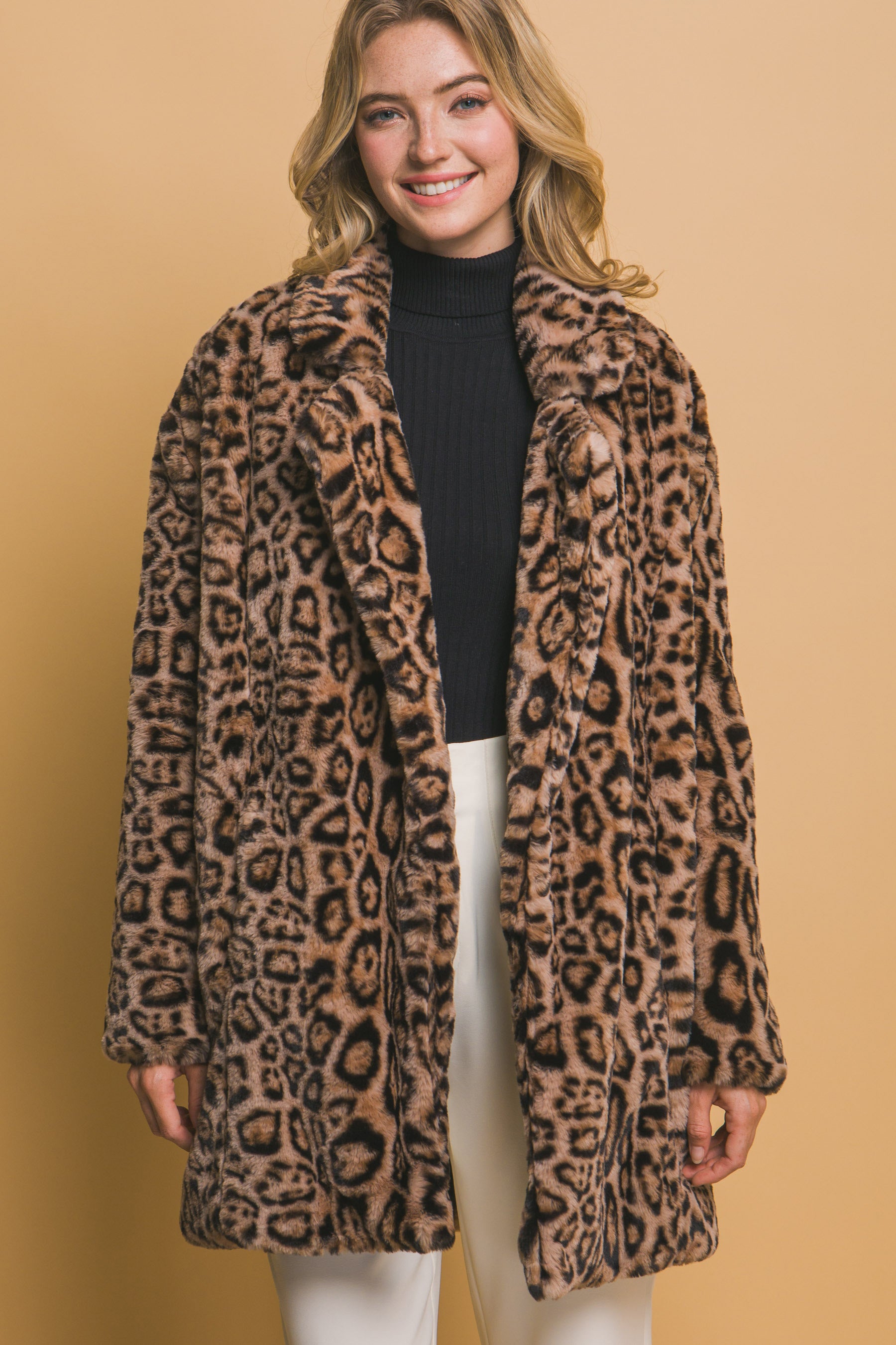 Animal Print Faux Fur Coat. Sizes: XS, S, M, L, XL.