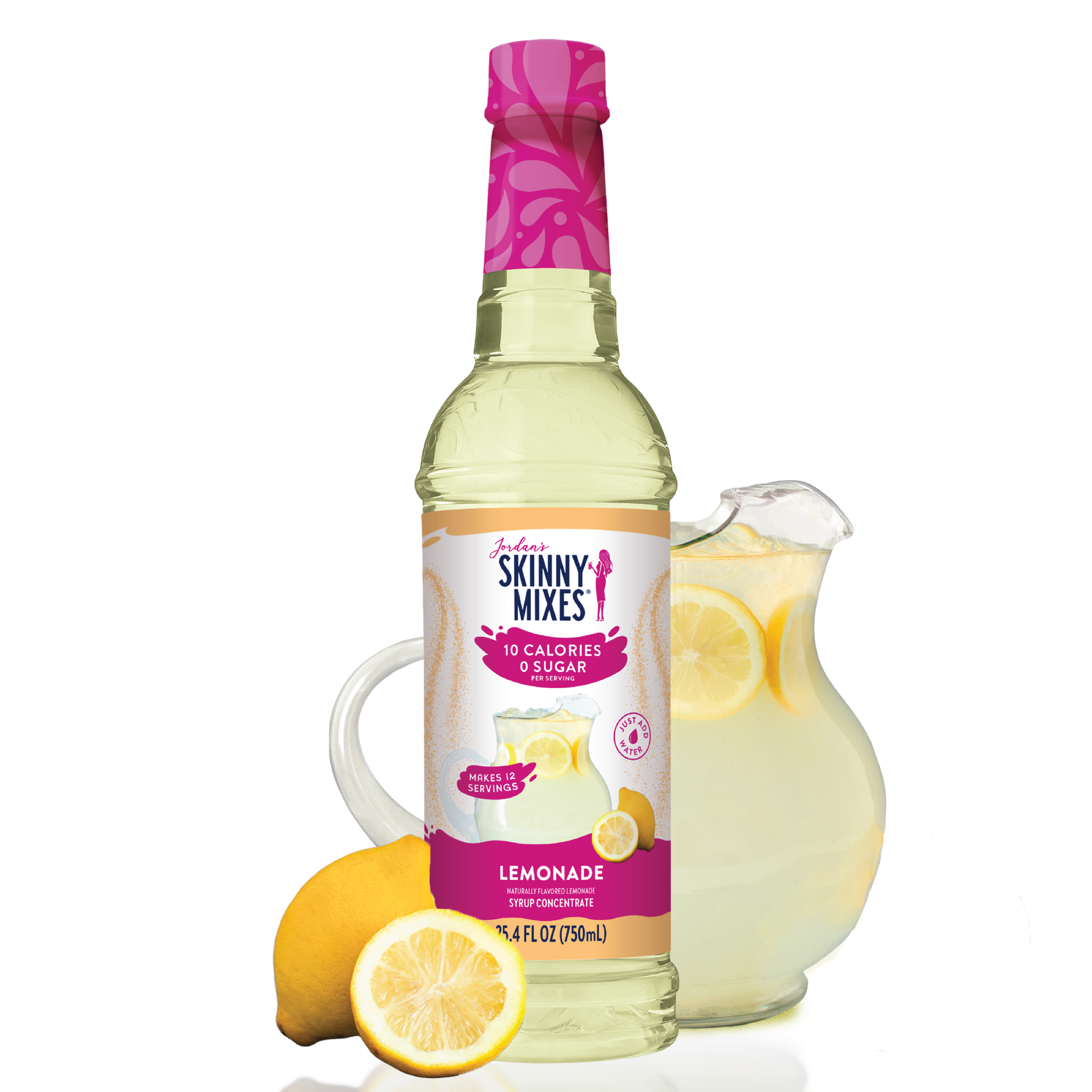 Sugar Free Lemonade Syrup Concentrate bottle with "10 calories, 0 sugar" on label; available in multiple sizes.