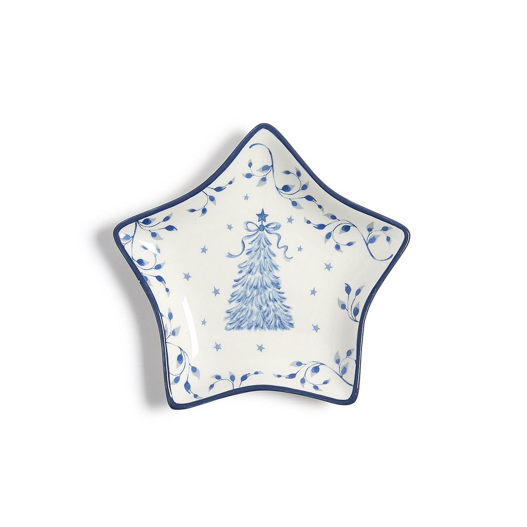 Star-shaped Season’s Gala Tidbit Dish with blue-and-white painted Christmas tree and vine pattern.