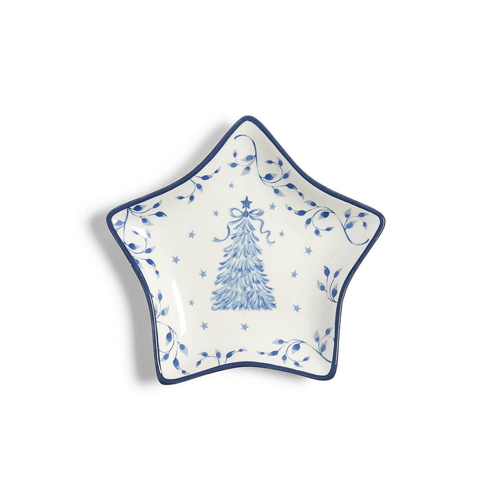 Star-shaped Season’s Gala Tidbit Dish with blue-and-white painted Christmas tree and vine pattern.