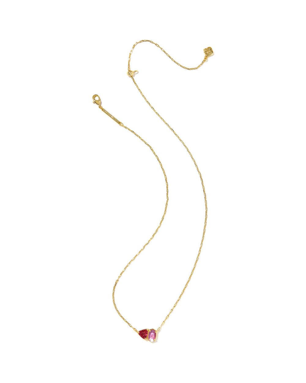 Tatum Short Pendant Necklace in 14k yellow gold with two small irregular pink stone pendants. Available in multiple sizes.