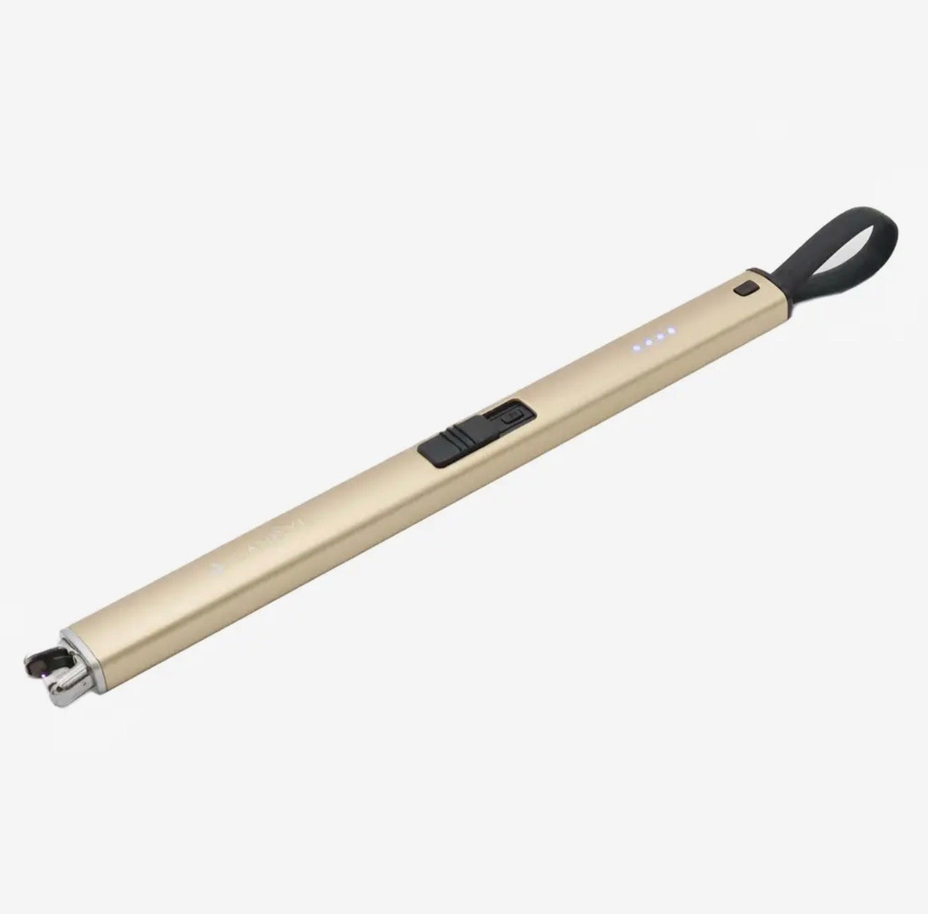 Gold Electric Candle Lighter with black loop handle, power button, and LED indicator lights; USB rechargeable. Available in multiple sizes.