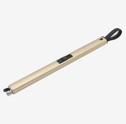 Gold Electric Candle Lighter with black loop handle, power button, and LED indicator lights; USB rechargeable. Available in multiple sizes.